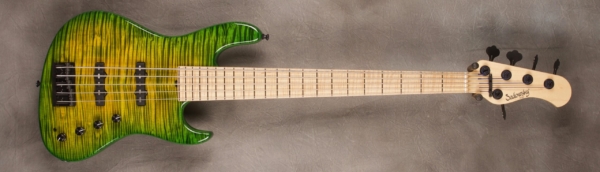 MODEL: 5-22 Standard Will Lee,
SERIAL: #7588,
FINISH: Lemon-lime Burst,
BODY: Flame maple on chambered swamp ash,
WEIGHT: 7.55 lbs,
NECK: Maple with thin matte nitro finish,
FINGERBOARD: Maple, 12″ radius, 1.75″ nut width,
PICKGUARD: Black,
HARDWARE: Chrome,
PICKUPS: Sadowsky single coil,
PREAMP: Sadowsky preamp with vintage tone control and mid-boost circuit