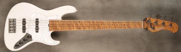 MODEL: 5-22 Vintage Will Lee,
SERIAL: #7592,
FINISH: T-white,
BODY: Chambered swamp ash,
WEIGHT: 7.85 lbs,
NECK: Roasted maple with thin matte nitro finish,
FINGERBOARD: Roasted birdseye maple, 12″ radius, 1.75″ nut width,
PICKGUARD: White pearl,
HARDWARE: Chrome,
PICKUPS: Sadowsky single coil J,
PREAMP: Sadowsky preamp with vintage tone control and mid boost circuit