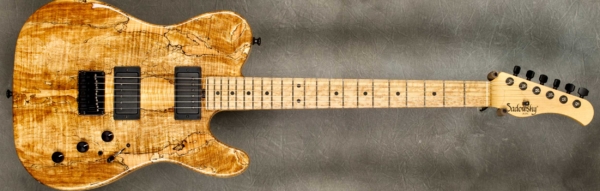 MODEL: T-Style Standard,
SERIAL: #7703,
FINISH: Natural,
BODY: Chambered Swamp Ash with Spalted Maple Top,
WEIGHT: 6.65 lbs,
NECK: Maple with thin matte nitro finish and 9" radius, 1 11/16" nut width,
FINGERBOARD: Birdseye Maple,
PICKGUARD: None,
HARDWARE: Black with hardtail bridge,
PICKUPS: Sadowsky HH,
PREAMP: Sadowsky preamp with mid boost and gain boost