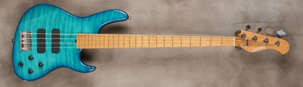 MODEL: 4-24 Standard Modern,
SERIAL: #7757,
FINISH: Bora blue burst,
BODY: Quilted maple on chambered swamp ash,
WEIGHT: 7.44,
NECK: Roasted maple with thin matte nitro finish,
FINGERBOARD: Roasted maple, 12″ radius, 1.5″ nut width,
PICKGUARD: none,
HARDWARE: Chrome,
PICKUPS: Sadowsky soapbar in modern locations,
PREAMP: Sadowsky preamp with vintage tone control