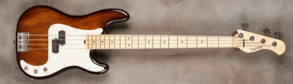 MODEL: 4-20 Vintage P-bass,
SERIAL: #7876,
FINISH: '59 burst,
BODY: Chambered roasted swamp ash,
WEIGHT: 7.53,
NECK: Maple with thin matte nitro finish,
FINGERBOARD: Maple, 12″ radius, 1.75″ nut width,
PICKGUARD: Parchment,
HARDWARE: Chrome,
PICKUPS: Sadowsky P,
PREAMP: Sadowsky preamp with vintage tone control