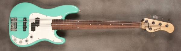 MODEL: 5-20 Vintage PJ-bass,
SERIAL: #8058,
FINISH: Seafoam green,
BODY: Chambered alder,
WEIGHT: 7.92,
NECK: Maple with thin matte nitro finish,
FINGERBOARD: Madagascar rosewood, 12″ radius, 1.75″ nut width,
PICKGUARD: Parchment,
HARDWARE: Chrome,
PICKUPS: Sadowsky humcancelling PJ,
PREAMP: Sadowsky preamp with vintage tone control