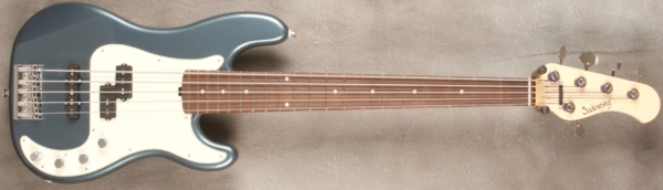 MODEL: Vintage P5,
SERIAL: #8125,
FINISH: Vintage Teal Green Metallic,
BODY: Chambered Alder,
WEIGHT: 8.51,
NECK: Maple with thin matte nitro finish,
FINGERBOARD: Amazon Rosewood, 12″ radius, 1 7/8″ nut width,
PICKGUARD: Parchment,
HARDWARE: Chrome,
PICKUPS: Sadowsky P/J,
PREAMP: Sadowsky preamp with vintage tone control
