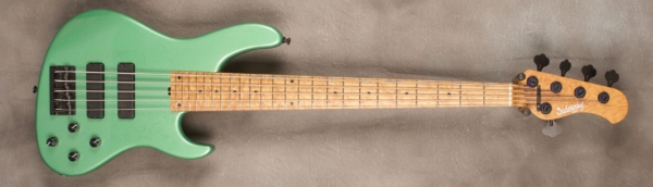 MODEL: 5-24 Modern,
SERIAL: #8129,
FINISH: Teal green metallic,
BODY: C Chambered swamp ash,
WEIGHT: 7.81,
NECK: Roasted birdseye maple with thin matte nitro finish,
FINGERBOARD: Roasted birdseye maple, 12″ radius, 1.875″ nut width,
PICKGUARD: None,
HARDWARE: Black,
PICKUPS: Sadowsky soapbar in modern locations,
PREAMP: Sadowsky preamp with vintage tone control