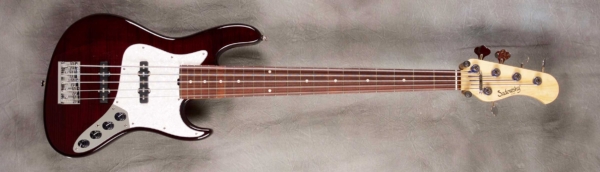 MODEL: 5-22 Will Lee,
SERIAL: #8156,
FINISH: Burgundy Burst,
BODY: Chambered Alder,
WEIGHT: 8.41 lbs,
NECK: Maple with thin matte nitro finish,
FINGERBOARD: Amazon Rosewood,
PICKGUARD: White Pearloid,
HARDWARE: Chrome,
PICKUPS: Sadowsky single coil,
PREAMP: Sadowsky preamp with vintage tone control and mid boost circuit