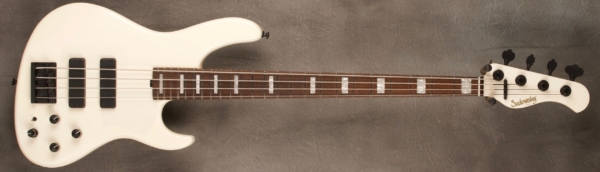 MODEL: 4-24 Modern,
SERIAL: #8175,
FINISH: Olympic White (Glossy Finish),
BODY: Chambered Swamp Ash,
WEIGHT: 7.38,
NECK: Roasted Maple with thin matte nitro finish,
FINGERBOARD: Brazilian Rosewood, 9″ radius, 1.5″ nut width with White Pearl Blocks,
PICKGUARD: None,
HARDWARE: Black,
PICKUPS: Sadowsky soapbar,
PREAMP: Sadowsky mid-boost preamp with vintage tone control