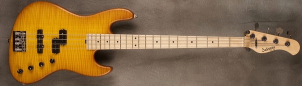 MODEL: Deluxe Satin Series Verdine White,
SERIAL: #8228,
FINISH: Caramel Burst,
BODY: Flame maple on chambered ash,
WEIGHT: 7.65,
NECK: Maple with thin matte nitro finish,
FINGERBOARD: Maple, 12″ radius, 1.5″ nut width,
PICKGUARD: None,
HARDWARE: Chrome,
PICKUPS: Sadowsky humcancelling PJ,
PREAMP: Sadowsky preamp with vintage tone control