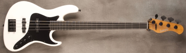 MODEL: 4-22 Will Lee,
SERIAL: #8241,
FINISH: Pearl White,
BODY: Chambered Swamp Ash,
WEIGHT: 7.69 lbs,
NECK: Roasted Maple with thin matte nitro finish,
FINGERBOARD: Ebony,
PICKGUARD: Matte BWB,
HARDWARE: black,
PICKUPS: Sadowsky single Coil J-style pickups in 60’s location,
PREAMP: Will Lee pre-amp with switchable midcoast and trim pot