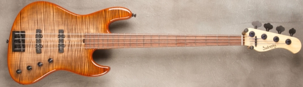 MODEL: 4-21 Standard,
SERIAL: #8328,
FINISH: Burnt Maple Leaf,
BODY: Chambered Alder with a Flame Maple Top,
WEIGHT: 7.70,
NECK: Roasted Maple with thin matte nitro finish,
FINGERBOARD: Granadillo, 12″ radius, 1.5″ nut width,
PICKGUARD: None,
HARDWARE: Black,
PICKUPS: Sadowsky Humcancelling JJ in 60's Location,
PREAMP: Sadowsky preamp with vintage tone control