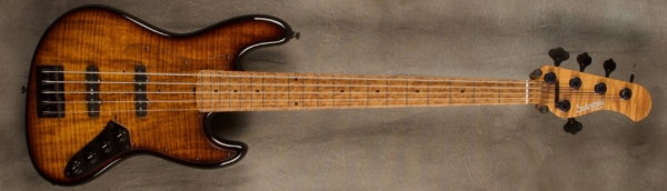 MODEL: 5-20 Vintage J-bass,
SERIAL: #8391,
FINISH: '59 Burst,
BODY: Chambered Alder with Spalted Maple Top,
WEIGHT: 8.71 lbs,
NECK: Flame Roasted Maple neck with thin matte nitro finish,
FINGERBOARD: Roasted Birdseye Maple 12’ radius, 1 3/4” nut width,
PICKGUARD: Clear,
HARDWARE: Black,
PICKUPS: Sadowsky Single Coil JJ in 60's locations,
PREAMP: Sadowsky preamp with vintage tone control