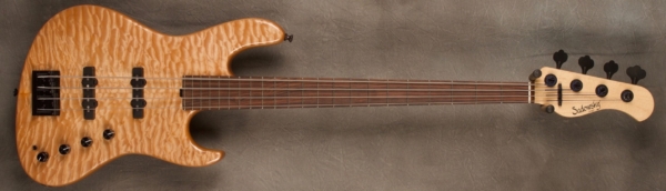 MODEL: 4-22 Will Lee,
SERIAL: #8413,
FINISH: Natural,
BODY: Chambered Alder with Quilted Maple top,
WEIGHT: 7.38 lbs,
NECK: Maple with thin matte nitro finish and 12" radius, 1.45" nut width,
FINGERBOARD: Amazon Rosewood,
PICKGUARD: None,
HARDWARE: Black,
PICKUPS: Sadowsky Single Coils in 60's Location,
PREAMP: Sadowsky preamp with vintage tone control and mid boost circuit