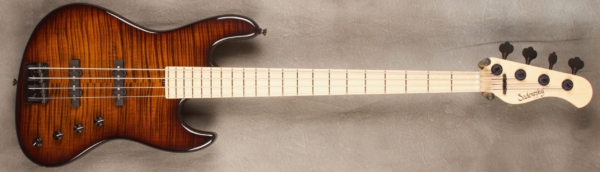 MODEL: 4-21,
SERIAL: #8429,
FINISH: Tiger's Eye Burst,
BODY: Chambered Ash with Flame Maple top,
WEIGHT: 7.70 lbs,
NECK: Maple with thin matte nitro finish and 12" radius, 1.5" nut width,
FINGERBOARD: Maple,
PICKGUARD: None,
HARDWARE: Black,
PICKUPS: Sadowsky Humcancelling in 60's Location,
PREAMP: Sadowsky preamp with vintage tone control