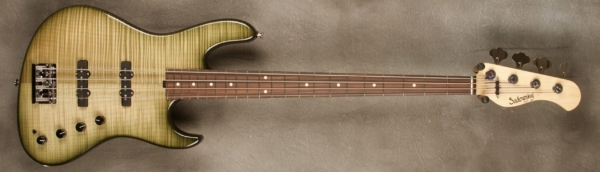 MODEL: 4-22 Will Lee Standard,
SERIAL: #8635,
FINISH: Faded Asparagus Burst,
BODY: Chambered Alder,
WEIGHT: 7.51 lbs,
NECK: Maple with thin matte nitro finish and 12" radius, 1.45" nut width,
FINGERBOARD: Morado,
PICKGUARD: None,
HARDWARE: Chrome,
PICKUPS: Sadowsky Single Coil JJ set,
PREAMP: Sadowsky preamp with vintage tone control and mid boost circuit