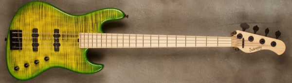 MODEL: 4-21 Standard J-bass,
SERIAL: #8704,
FINISH: Green/Yellow burst,
BODY: Chambered Ash,
WEIGHT: 7.42 lbs,
NECK: Maple with thin matte nitro finish,
FINGERBOARD: Maple. 12’ radius, 1.5” nut width,
PICKGUARD: None,
HARDWARE: Black,
PICKUPS: Sadowsky Humcancelling, 60’s Location,
PREAMP: Sadowsky preamp with vintage tone control