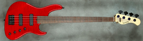 MODEL: 4-24 Standard,
SERIAL: #8727,
FINISH: Transparent Red,
BODY: Chambered Alder with Flame Maple Top,
WEIGHT: 7.82 lbs,
NECK: Maple with thin matte nitro finish and 12" radius, 1.5" nut width,
FINGERBOARD: Madagascar Rosewood,
PICKGUARD: None,
HARDWARE: Black,
PICKUPS: Sadowsky Soapbars 60’s locations,
PREAMP: Sadowsky preamp with vintage tone control