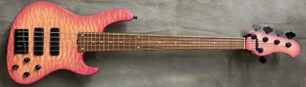 MODEL: 5-24 Modern,
SERIAL: #8874,
FINISH: Purple Burst with Matching Headstock,
BODY: Swamp Ash with Master Grade Quilted Maple Top,
NECK: Maple with thin matte nitro finish and 12" radius, 1 7/8" nut width,
FINGERBOARD: Morado,
PICKGUARD: None,
HARDWARE: Black,
PICKUPS: Sadowsky Soaps,
PREAMP: Sadowsky preamp with vintage tone control