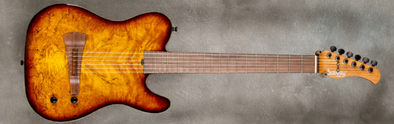 MODEL: Standard Electric Nylon,
SERIAL: #8944,
FINISH: '59 Burst,
BODY: Chambered Okoume with Master Grade Maple Burl Top,
WEIGHT: 5.62 lbs,
NECK: Mahogany with thin matte nitro finish,
FINGERBOARD: Morado, 12″ radius, 1 7/8″ nut width,
PICKGUARD: None,
HARDWARE: Gold,
PICKUPS: Barbera under-saddle,
PREAMP: Sadowsky buffer preamp