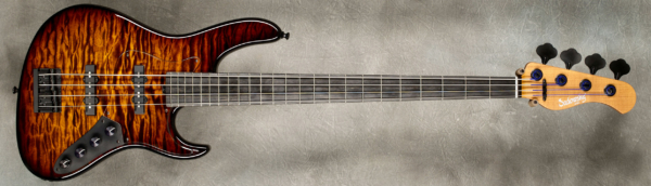 MODEL: 4-24 Vintage,
SERIAL: #8953,
FINISH: Tiger's Eye Burst,
BODY: Chambered Alder with Quilted Maple top,
WEIGHT: 7.84 lbs,
NECK: Roasted Maple with thin matte nitro finish and 12" radius, 1.45" nut width,
FINGERBOARD: Ebony,
PICKGUARD: Plexi,
HARDWARE: Black,
PICKUPS: Sadowsky Humcancelling in 60's location,
PREAMP: Sadowsky preamp with vintage tone control