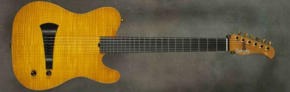 MODEL: Standard Electric Nylon,
SERIAL: #9111,
FINISH: Caramel Burst,
BODY: Chambered Alder with Flame Maple Top and Scraped Binding,
WEIGHT: 5.94 lbs,
NECK: Roasted Maple with thin matte nitro, finish and 12" radius, 1 7/8" nut width,
FINGERBOARD: Ebony,
PICKGUARD: None,
HARDWARE: Gold,
PICKUPS: Barbera under-saddle,
PREAMP: Sadowsky buffer preamp