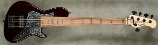 MODEL: 5-24 Single Cut Vintage,
SERIAL: #9142,
FINISH: Dark Cherry Metallic,
BODY: Chambered Alder,
WEIGHT: 8.58 lbs,
NECK: Maple with thin matte nitro, finish, and 12" radius, 1 7/8" nut width,
FINGERBOARD: Morado w/Black Pearl blocks,
PICKGUARD: Black Pearl,
HARDWARE: Black,
PICKUPS: Sadowsky Humcancelling J/Super J,
PREAMP: Sadowsky mid-boost preamp with vintage tone control