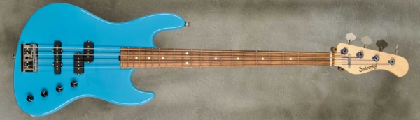 Model Verdine White 4-21 Standard,
Serial #9288,
Finish Malibu Blue,
Body Chambered Alder,
Weight 7.68 lbs,
Neck Maple with thin matte nitro finish,
Radius/Nut 12" radius, 1.5" nut width,
Fingerboard Morado,
Pickguard None,
Hardware Chrome,
Pickups Sadowsky P/J,
Preamp Sadowsky preamp with vintage tone control