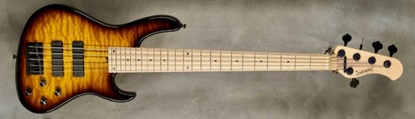 Model 5-24 Modern,
Serial #9286,
Finish '59 Burst,
Body Chambered Swamp Ash with a Quilted Maple Top,
Weight 8.06 lbs,
Neck Maple with thin matte nitro finish,
Radius/Nut 12" radius, 1 7/8" nut width,
Fingerboard Maple,
Pickguard None,
Hardware Black,
Pickups Sadowsky Soapbars in Modern Locations,
Preamp Sadowsky preamp with vintage tone control