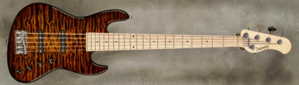 Model 5-21 Standard
Serial #9256
Finish Tiger's Eye Burst
Body Chambered Swamp Ash w/ Quilt Maple Top
Weight 8.04 lbs
Neck Maple with thin matte nitro finish
Radius/Nut 12" radius, 1 3/4" nut width
Fingerboard Birdseye Maple
Pickguard None
Hardware Chrome
Pickups Sadowsky Humcancelling J in 60's Locations
Preamp Sadowsky preamp with vintage tone control