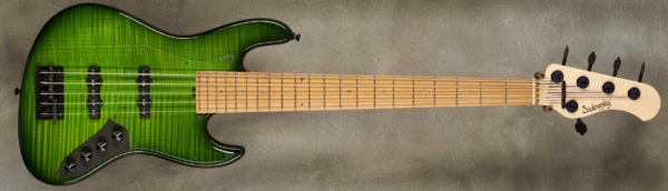 Model 5-21 Vintage
Serial #9344
Finish Green Burst
Body Chambered Swamp Ash w/ Flame Maple top
Weight 8.22 lbs
Neck Maple with thin matte nitro finish
Radius/Nut 12" radius, 1 7/8" nut width
Fingerboard Roasted Maple with Perseo Silver Inlays
Pickguard Plexi
Hardware Black
Pickups Sadowsky Humcancelling J in 60's Location
Preamp Sadowsky preamp with vintage tone control