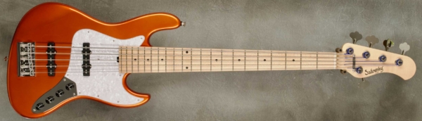 Model 5-21 Modern
Serial #8982
Finish Candy Apple Orange
Body Chambered Swamp Ash
Weight 8.86 lbs
Neck Maple with thin matte nitro finish
Radius/Nut 12" radius, 1 7/8" nut width
Fingerboard Maple
Pickguard White Pearl
Hardware Chrome
Pickups Sadowsky Humcancelling in 70's Positions
Preamp Sadowsky preamp with vintage tone control