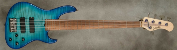Model 5-24 Modern
Serial #9194
Finish Bora Blue Burst
Body Chambered Alder w/ Flame Maple Top
Weight 8.28 lbs
Neck Maple with thin matte nitro finish
Radius/Nut 12" radius, 1 3/4" nut width
Fingerboard Morado
Pickguard None
Hardware Chrome
Pickups Sadowsky Soapbars in Modern Positions
Preamp Sadowsky preamp with vintage tone control