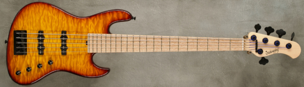 Model 5-21 Standard
Serial #9379
Finish Narrow Band Cherry Burst
Body Chambered Alder with Quilted Maple Top
Weight 8.13 lbs
Neck Maple with thin matte nitro finish
Radius/Nut 12" radius, 1 7/8" nut width
Fingerboard Birdseye Maple
Pickguard None
Hardware Black
Pickups Sadowsky Humcancelling JJ in 60's Locations
Preamp Sadowsky preamp with vintage tone control