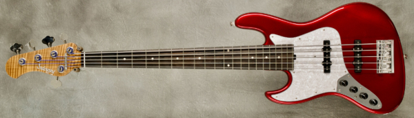Model 5-21 Vintage Lefty
Serial #9287
Finish Candy Apple Red
Body Chambered Roasted Swamp Ash
Weight 8.83 lbs
Neck Master Grade Roasted Flame Maple with thin matte nitro finish
Radius/Nut 12" radius, 1 3/4" nut width
Fingerboard Master Grade Brazilian Rosewood (US Shipping Only) w/ large Luminlay side dots
Pickguard White Pearl
Hardware Chrome
Pickups Sadowsky Humcancelling JJ in 60's Locations with coil cut wwitch
Preamp Sadowsky Mid-Boost preamp with vintage tone control