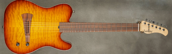 Model Electric Nylon
SERIAL 9415
BODY chambered alder
TOP quilted maple
NECK maple
FINGERBOARD morado
BINDING scraped
FINISH dark cherry burst
NUT WIDTH 1 7/8"
FINGERBOARD RADIUS 12"
SCALE LENGTH 25 1/2"
TUNERS custom Sperzel
PICKUP CONFIGURATION custom Barbera pickup with Sadowsky buffer pre-amp
Weight 5.9lbs