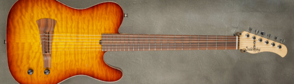 Model Electric Nylon
SERIAL 9415
BODY chambered alder
TOP quilted maple
NECK maple
FINGERBOARD morado
BINDING scraped
FINISH dark cherry burst
NUT WIDTH 1 7/8"
FINGERBOARD RADIUS 12"
SCALE LENGTH 25 1/2"
TUNERS custom Sperzel
PICKUP CONFIGURATION custom Barbera pickup with Sadowsky buffer pre-amp
Weight 5.9lbs