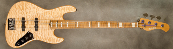 Model 4-21 Vintage
Serial #9447
Finish Natural
Body Chambered Alder w/Quilted Maple Top
Weight 8.07 lbs
Neck Roasted Maple with thin matte nitro finish
Radius/Nut 12" radius, 1.5" (39 mm) nut width
Fingerboard Roasted Flame Maple with Pearl Blocks
Pickguard Plexi
Hardware Chrome
Pickups Sadowsky Humcancelling JJ in 60's Locations.
Preamp Sadowsky preamp with vintage tone control