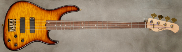 Model 4-24 Modern
Serial #9381
Finish '59 Burst
Body Chambered Okoume w/Quilted Maple Top
Weight 7.18 lbs
Neck Maple with thin matte nitro finish
Radius/Nut 12" radius, 1.5" (39mm) nut width
Fingerboard Amazon Rosewood
Pickguard None
Hardware Gold
Pickups Sadowsky Humbuckers in modern locations
Preamp Sadowsky preamp with vintage tone control
