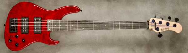 Model 5-24 Standard
Serial #9384
Finish Transparent Red
Body Chambered Okoume with Maple Burl top
Weight 8.48 lbs
Neck Maple with thin matte nitro finish
Radius/Nut 12" radius, 1 3/4" nut width
Fingerboard Ebony
Pickguard None
Hardware Black
Pickups Sadowsky Super P/Super J pickups.
Preamp Sadowsky preamp with vintage tone control