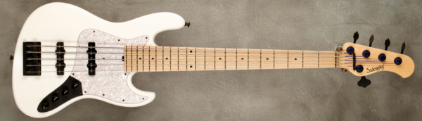 Model 5-21 Vintage
Serial #9390
Finish White Pearl
Body Solid Swamp Ash
Weight 9.94 lbs
Neck Maple with thin matte nitro finish
Radius/Nut 12" radius, 1 7/8" (47.625mm) nut width
Fingerboard Maple
Pickguard White Pearl
Hardware Black
Pickups Sadowsky Humcancelling JJ in 60's Locations
Preamp Sadowsky preamp with vintage tone control