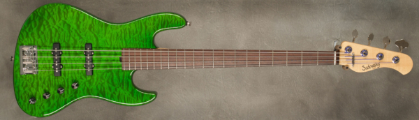Model 4-21 Standard
Serial #9434
Finish Transparent Green
Body Chambered Alder with Quilted Maple top
Weight 8.17 lbs
Neck Maple with thin matte nitro finish
Radius/Nut 12" radius, 1.5" (39mm) nut width
Fingerboard Madagascar Rosewood
Pickguard None
Hardware Chrome
Pickups Sadowsky Humcancelling J/J in 60's Locations
Preamp Sadowsky preamp with vintage tone control