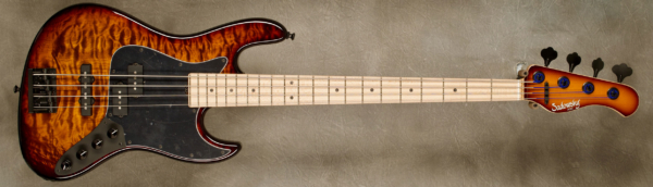 Model 4-21 Verdine White Vintage
Serial #9378
Finish Tiger's Eye Burst
Body Chambered Swamp Ash w/ Quilt Maple Top
Weight 8.17 lbs
Neck Maple with thin matte nitro finish
Radius/Nut 12" radius, 1.5" (39mm) nut width
Fingerboard Maple w/ Black Pearloid Dots
Pickguard Black Matte B/W/B
Hardware Black
Pickups Sadowsky P/J
Preamp Sadowsky preamp with vintage tone control
Case Sadowsky Portabag